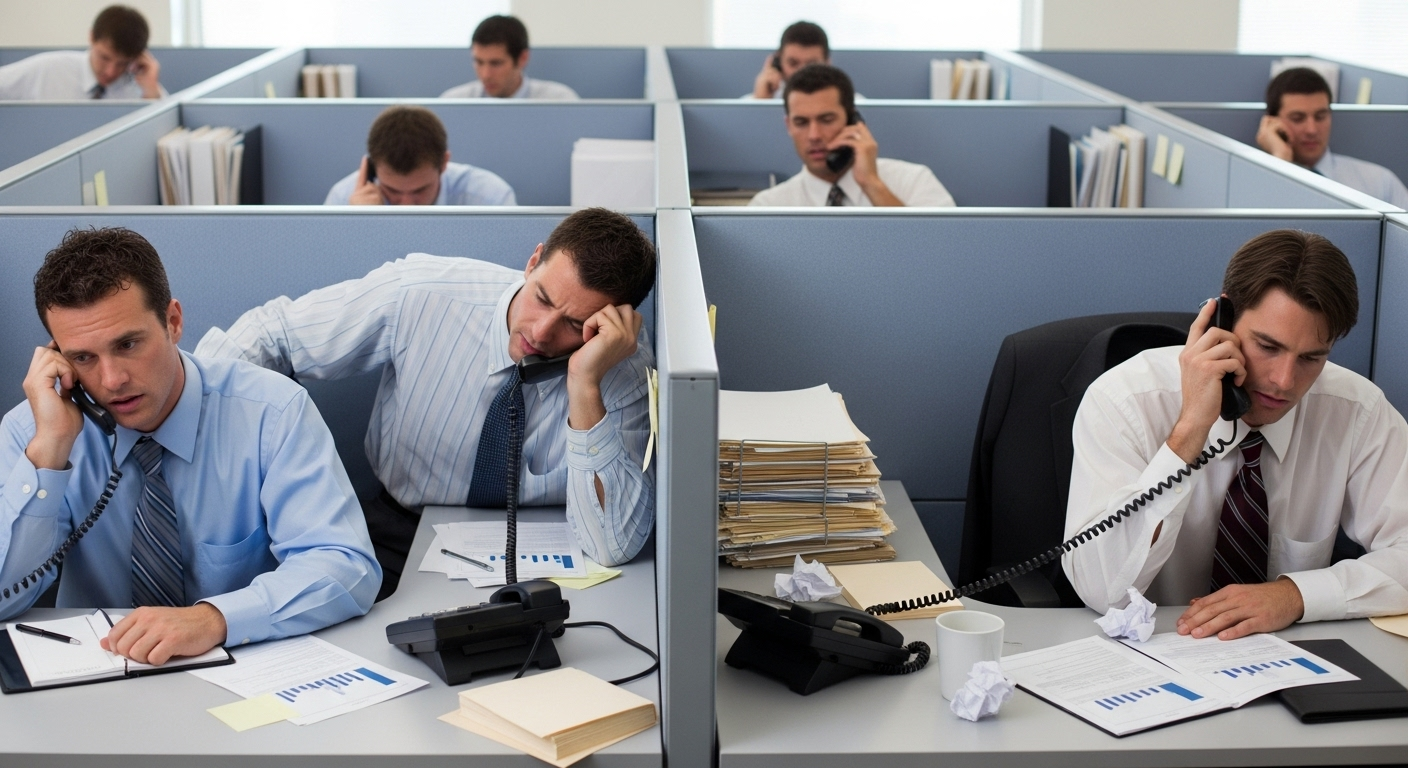 Awkward Sales Call Struggling salesmen making cold calls and having weak presentations